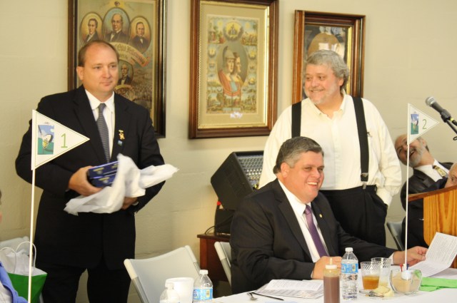 Gift presented by Roy Climer, Noble Grand to Lonnie Jones, Grand Master. Even his gift was golf balls! :)