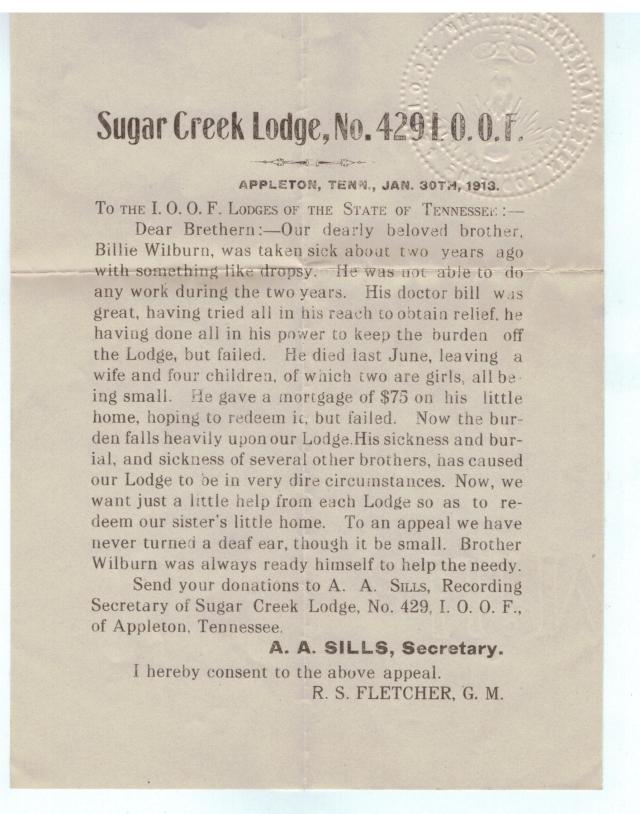 Sugar Creek Lodge No. 429, IOOF, Appleton, Tenn.  1913 appeal for Brother Billie Wilburn
